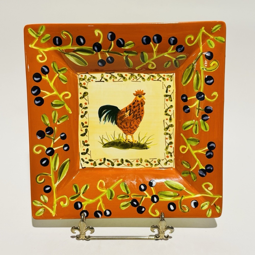 222 Fifth Padova Rooster Colorful Stoneware‎ Deep Dish 8" Platter Discontinued